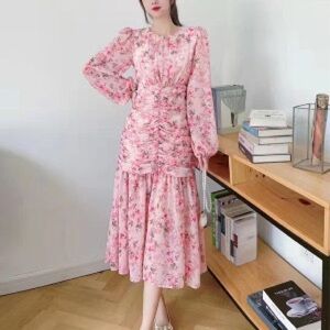Floral Pattern Round Neck Long Puff Sleeves Ruffle Design Women Midi Dress